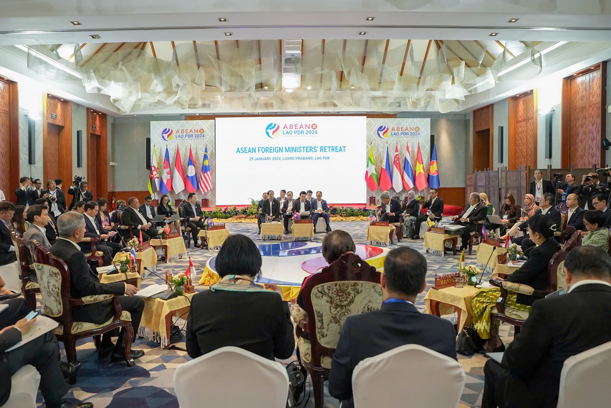 ASEAN Foreign Ministers' Retreat meeting with national flags.